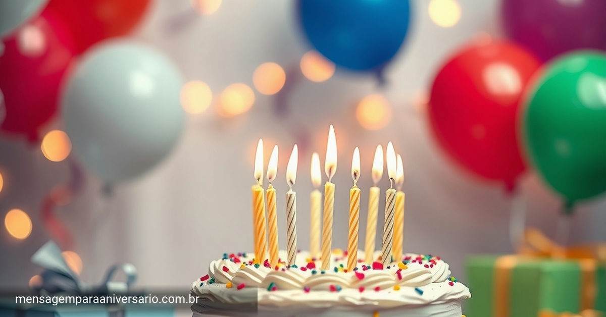 Cena festiva de aniversário com bolo, velas, balões e luzes decorativas.