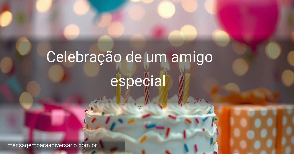 Uma mesa decorada com um bolo de aniversário, velas acesas, balões coloridos, confetes espalhados e presentes embrulhados.