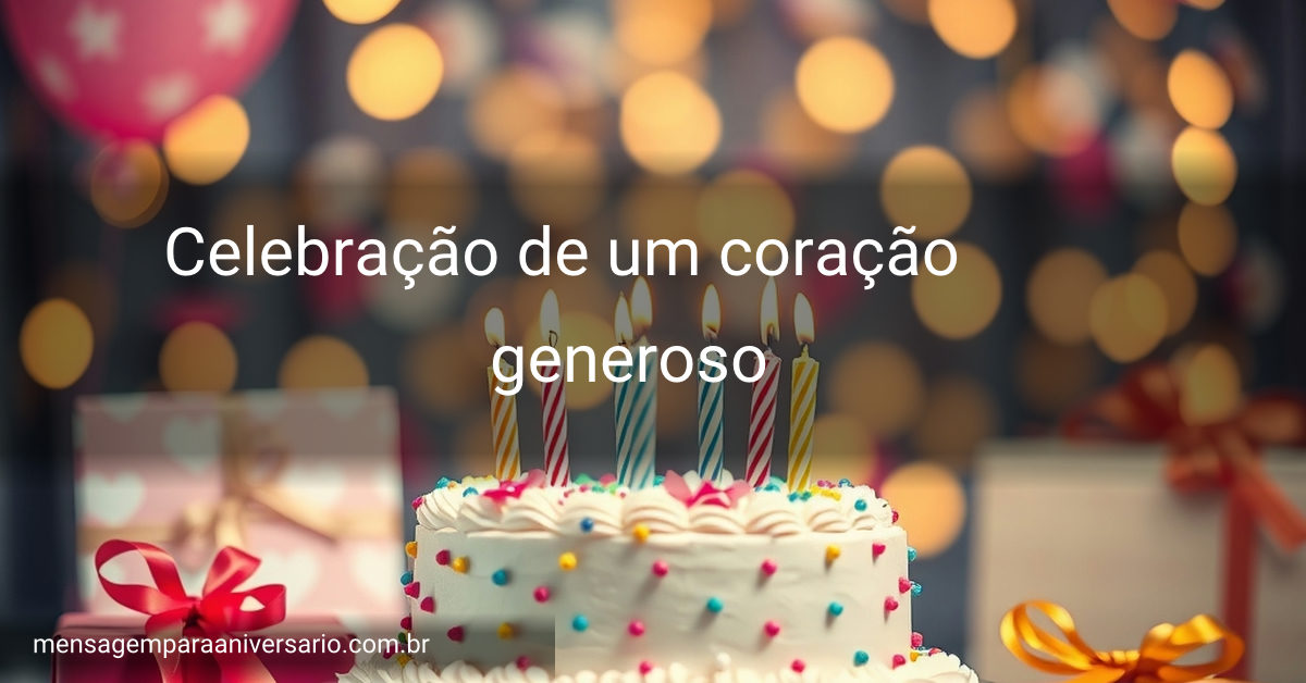 Ambiente festivo de aniversário com bolo, velas acesas, balões flutuando, confete colorido, presentes bem dispostos e luzes bokeh ao fundo.