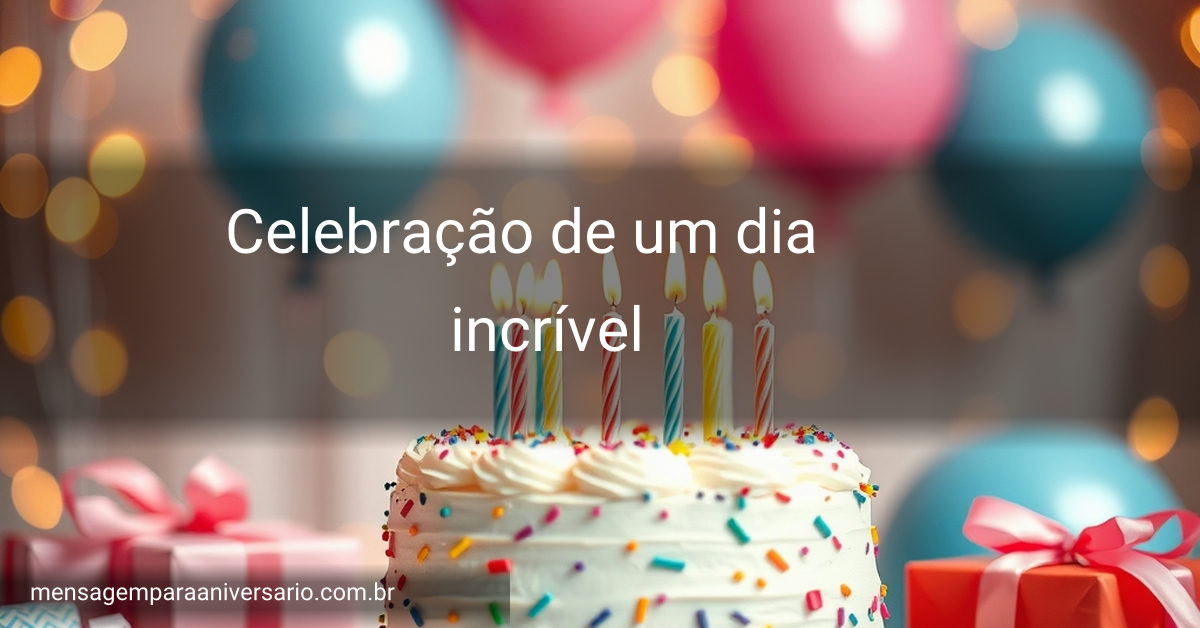 Uma mesa decorada com um bolo de aniversário, velas acesas, balões coloridos, confetes e presentes envolvidos, criando uma atmosfera festiva.