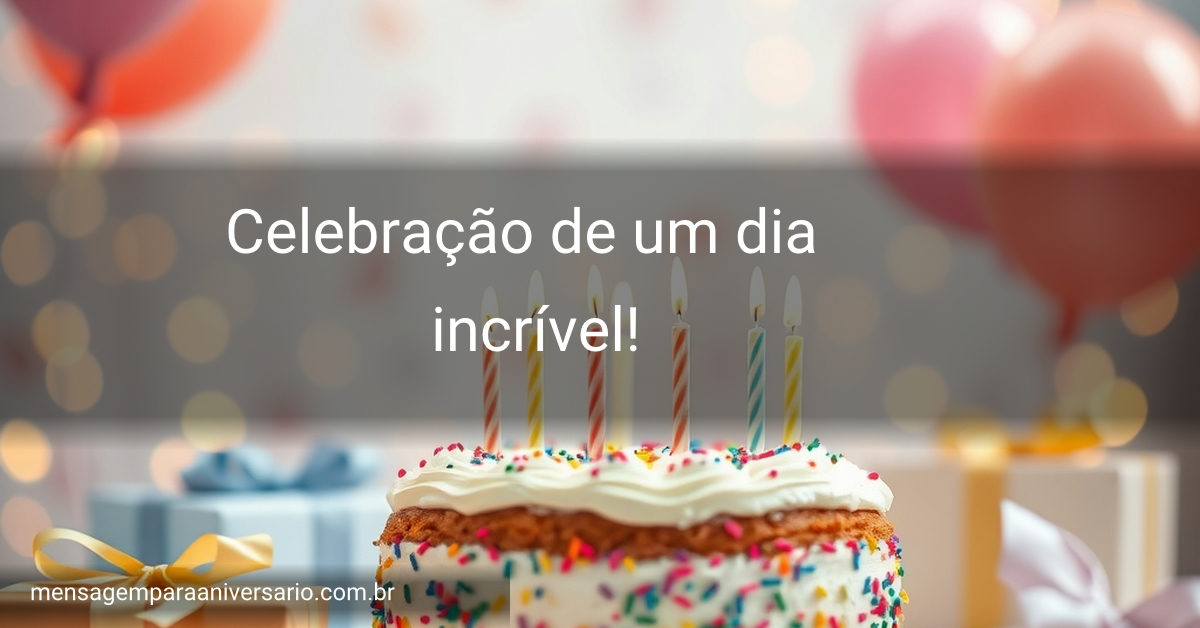 Um cenário festivo com um bolo de aniversário, balões flutuantes, velas, confetes coloridos e uma variedade de presentes em uma mesa decorativa.