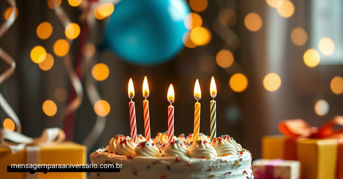 Cena festiva de aniversário com bolo, velas, balões e confetes.