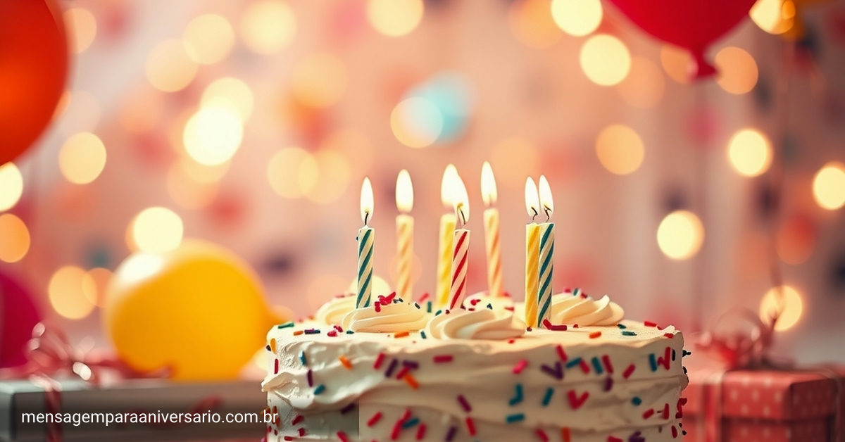 Uma cena festiva de aniversário com um bolo, velas acesas, balões coloridos, confetes espalhados e luzes bokeh.