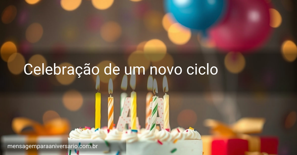 Cena festiva com bolo colorido, balões variados, confetes e luzes desfocadas.