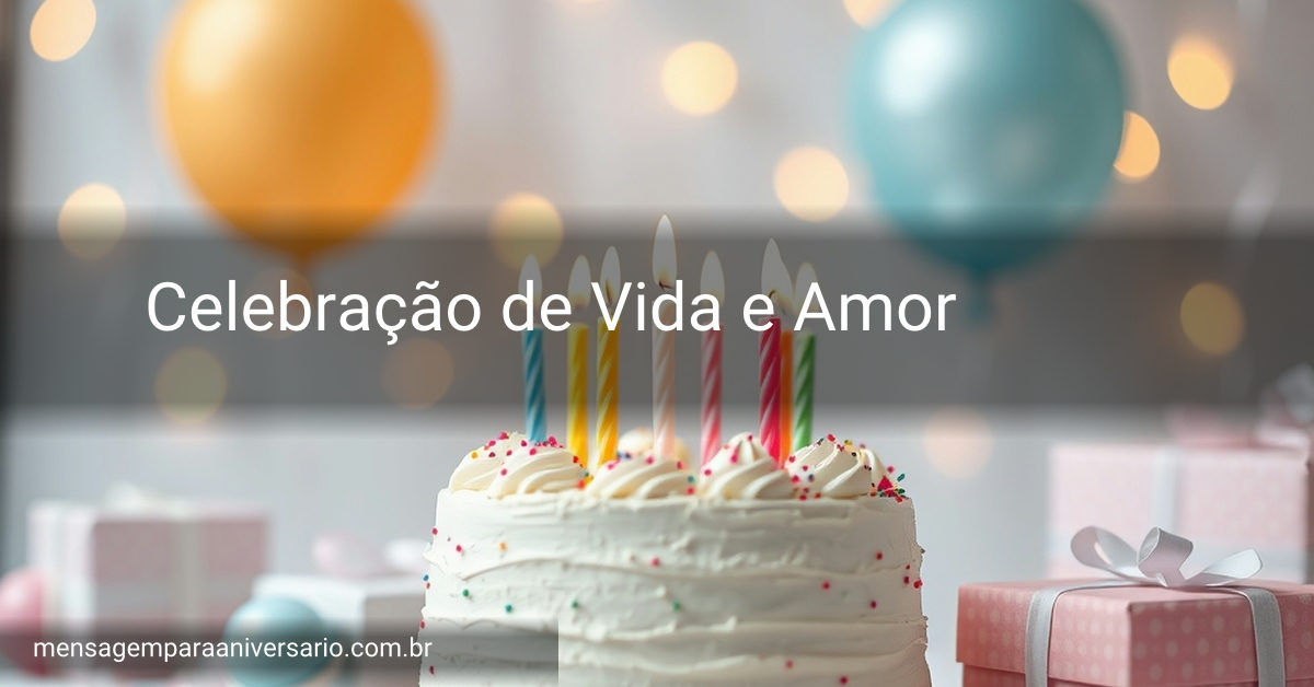 Cena festiva de aniversário com bolo, velas, balões, confete e presentes.