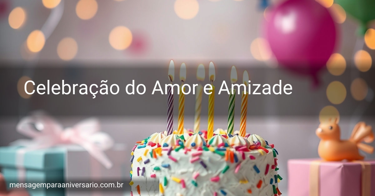Cena festiva de aniversário com bolo colorido, velas acesas, balões e confetes.
