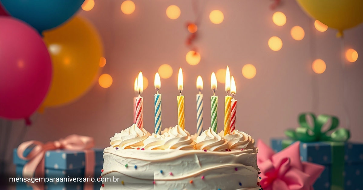 Uma cena festiva de aniversário com bolo, velas, balões e confete.
