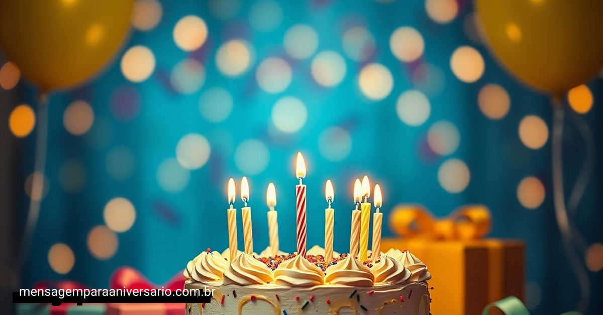 Uma cena festiva de aniversário com bolo, velas, balões coloridos, confete e presentes.