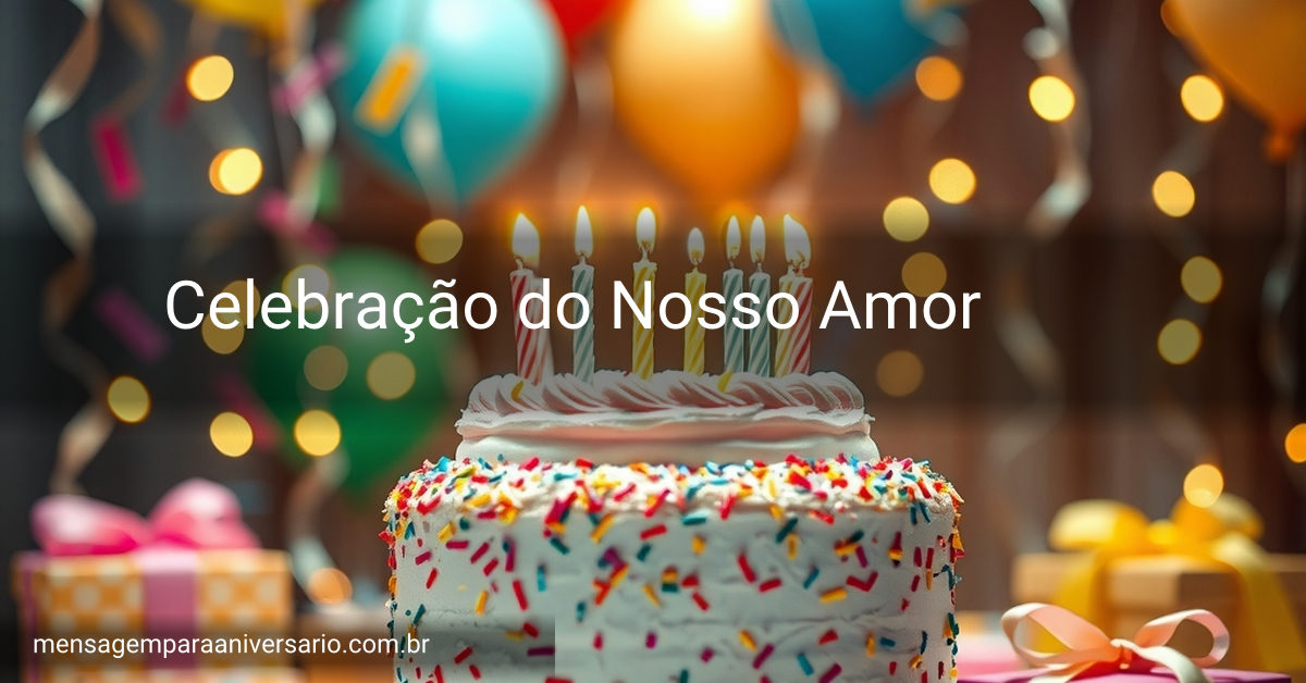 Cena colorida de aniversário com um grande bolo, velas brilhantes, balões coloridos, confete caindo e luzes de fada.