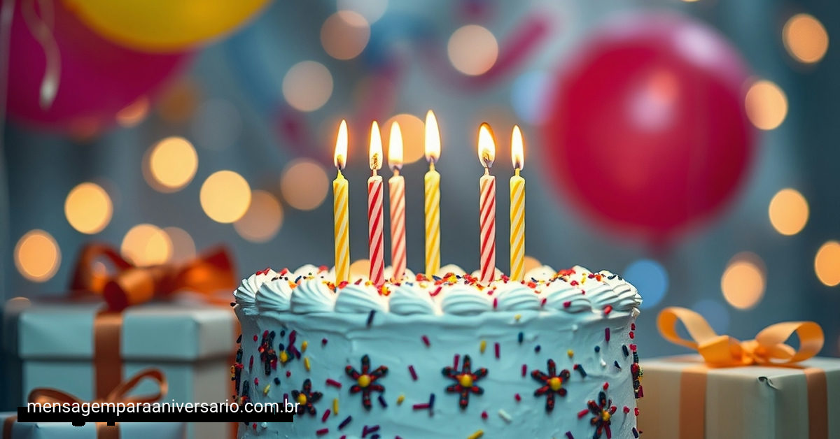 Cena festiva de aniversário com bolo, velas, balões e confete.