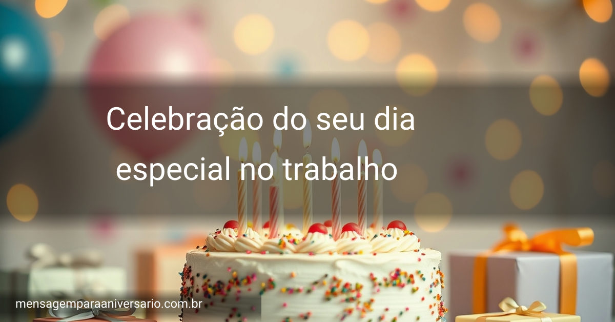 Cena de festa de aniversário com bolo, velas, balões, confetes, presentes e luzes desfocadas.
