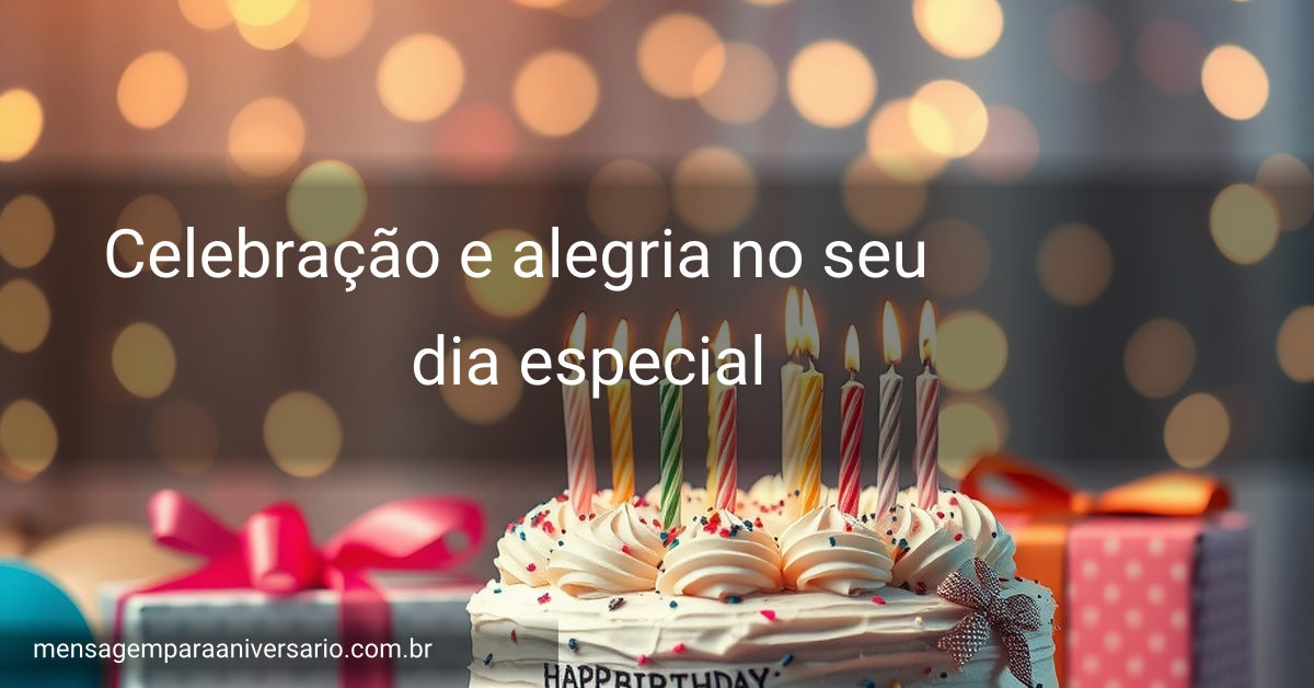 Uma mesa decorada com um bolo colorido, velas acesas, balões e presentes, criando um ambiente de festa.