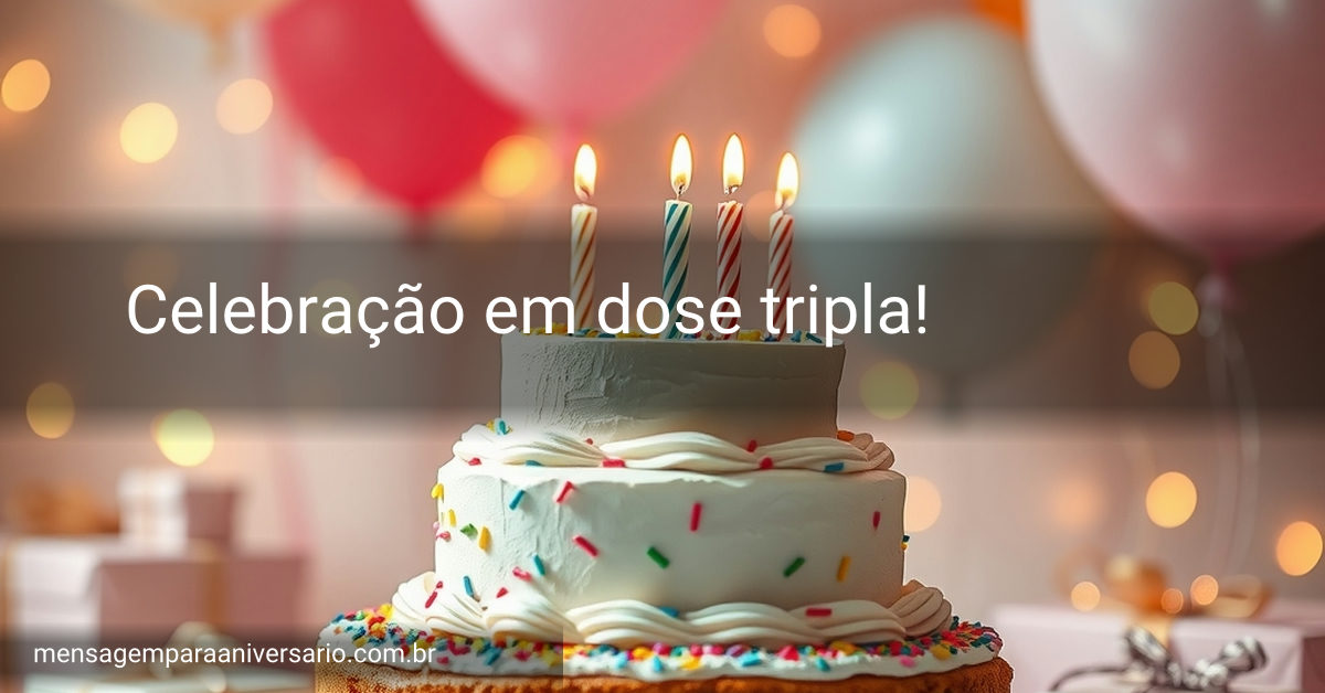 Um belo bolo de aniversário com três camadas, velas acesas, balões coloridos, confete e luzes brilhantes.