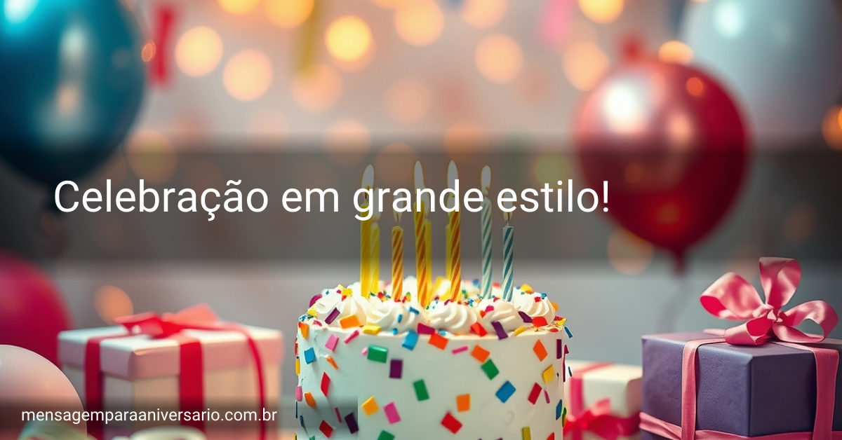 Cena festiva de aniversário com bolo colorido, balões, confete e presentes em uma mesa decorativa.