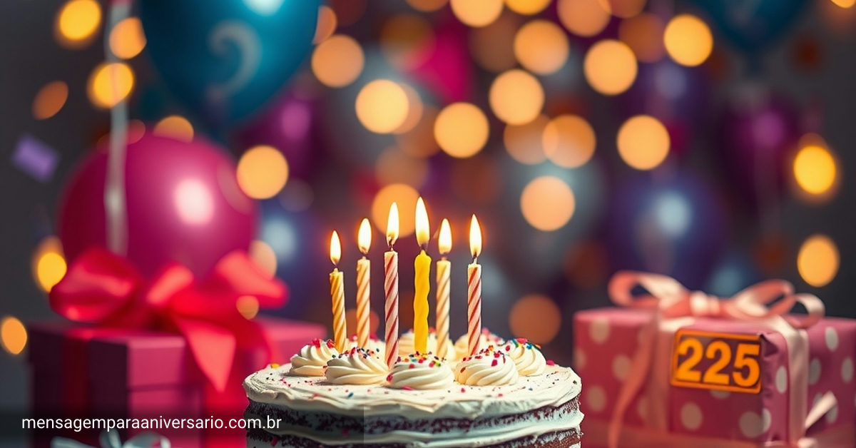 Cena festiva de aniversário com bolo, velas, balões, confetes e presentes.