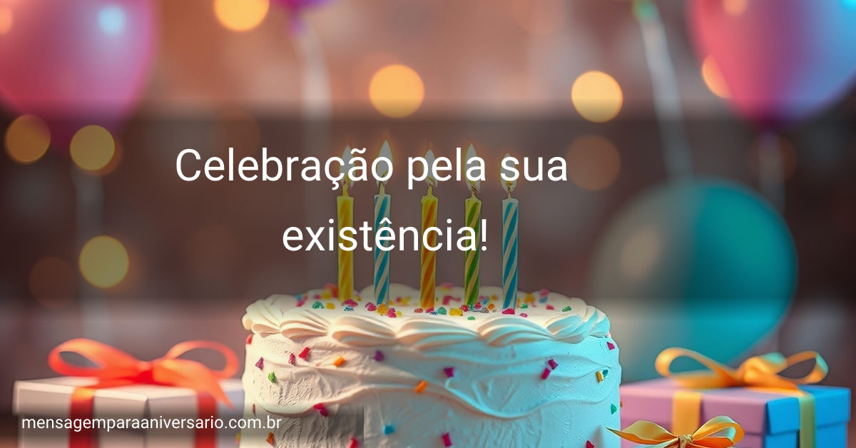 Cena festiva de aniversário com bolo, velas, balões festivos, confetes coloridos e presentes em destaque.