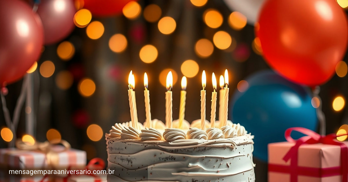 Uma cena festiva com um bolo de bodas de prata, velas acesas, balões prateados, confetes e uma mesa decorada com presentes.
