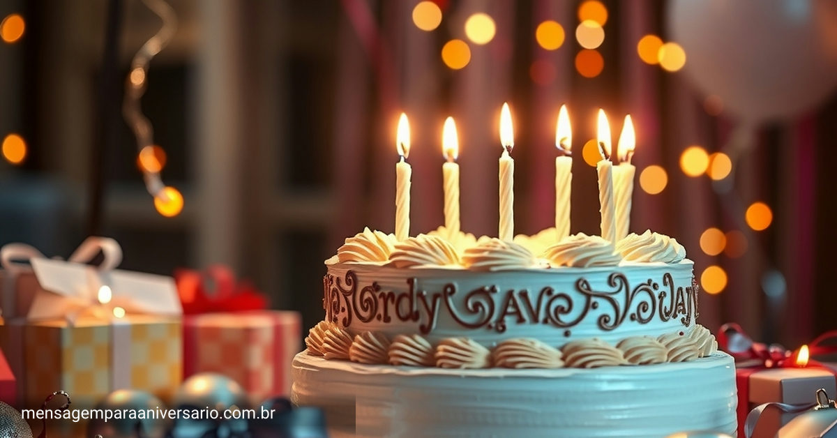 Uma mesa decorada com um bolo de bodas de prata, velas acesas, enfeites prateados e luzes pendentes.