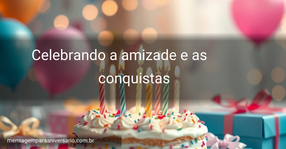 Uma cena festiva com bolo de aniversário, velas, balões coloridos, confete, presentes e luzes bokeh, criando um ambiente alegre e comemorativo.