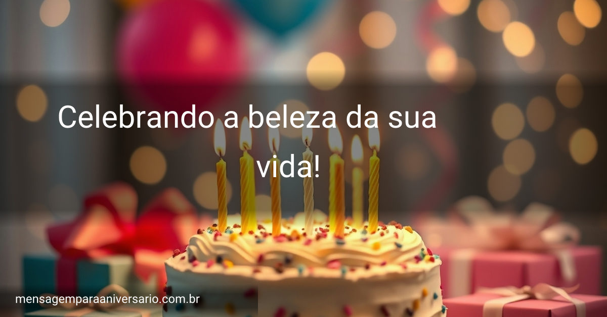 Cena festiva de aniversário com bolo, velas, balões, confetes e presentes.