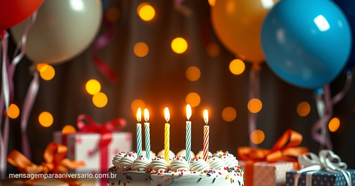 Uma cena festiva de aniversário com bolo, balões coloridos, confetes e luzes brilhantes.