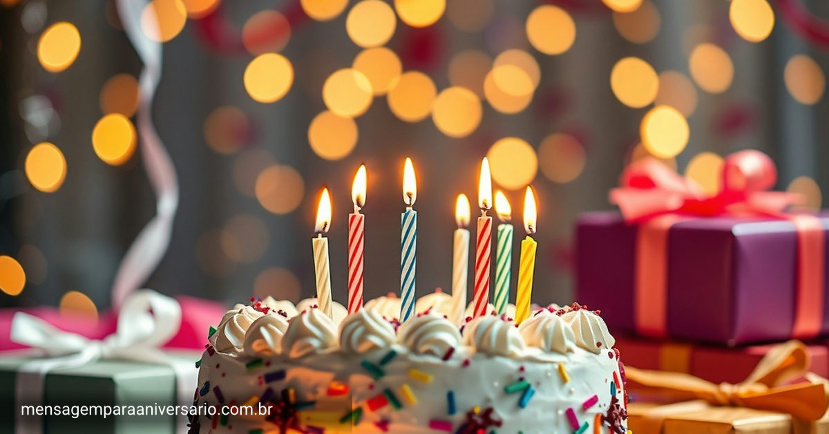 Uma cena festiva de aniversário com bolo, velas, balões, confete e luzes bokeh.