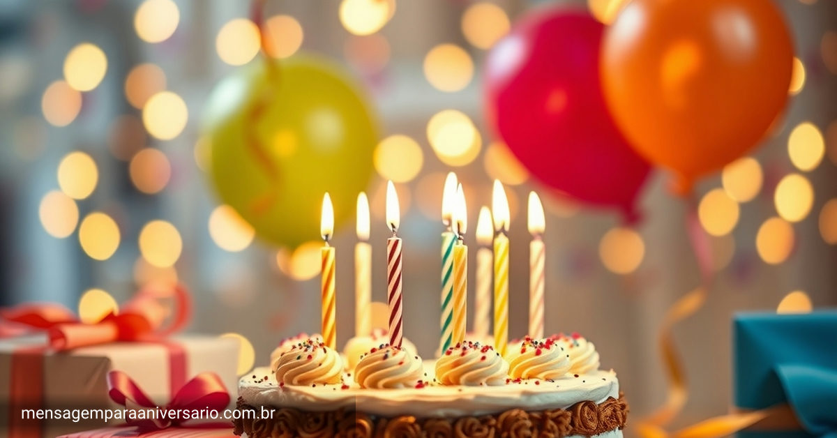 Cena festiva de aniversário com bolo, velas, balões, confete e presentes.
