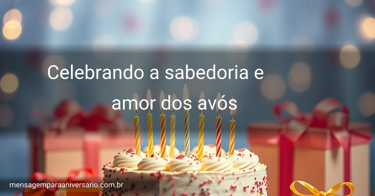 Cena festiva de aniversário com um bolo decorado, velas acesas, balões coloridos, confete e presentes, iluminada com luzes bokeh.
