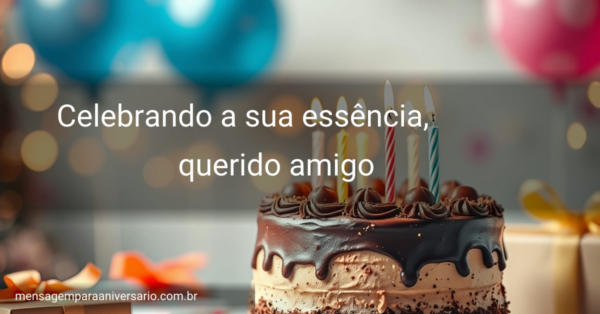 Cena festiva de aniversário com um bolo de chocolate decorado, velas acesas, balões coloridos, confete e luzes desfocadas.