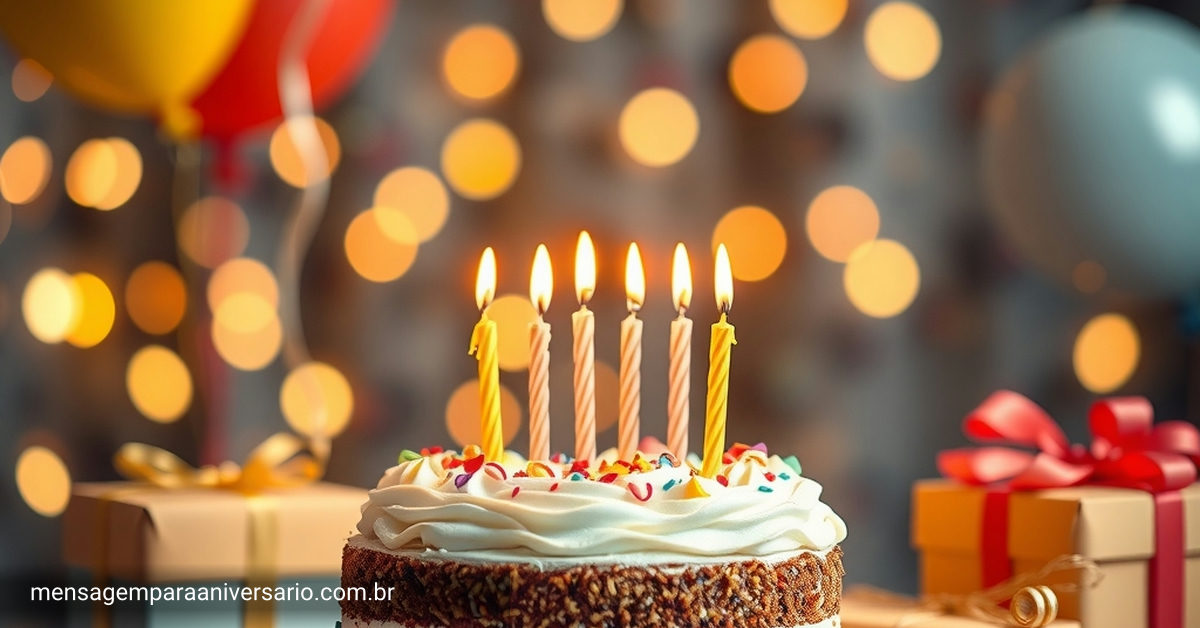 Cena festiva de aniversário com bolo, velas, balões, confetes e presentes.