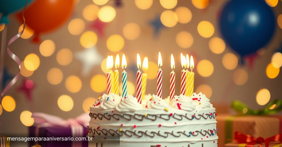 Cena festiva de aniversário com bolo, velas, balões, confete e luzes bokeh.