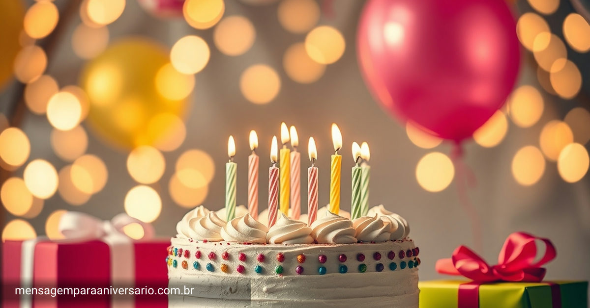 Cena festiva de aniversário com bolo, velas, balões, confetes e presentes.