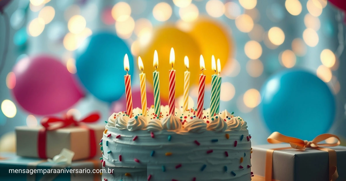 Uma cena festiva de aniversário com um bolo decorado, velas acesas, balões coloridos, confete e luzes desfocadas ao fundo.
