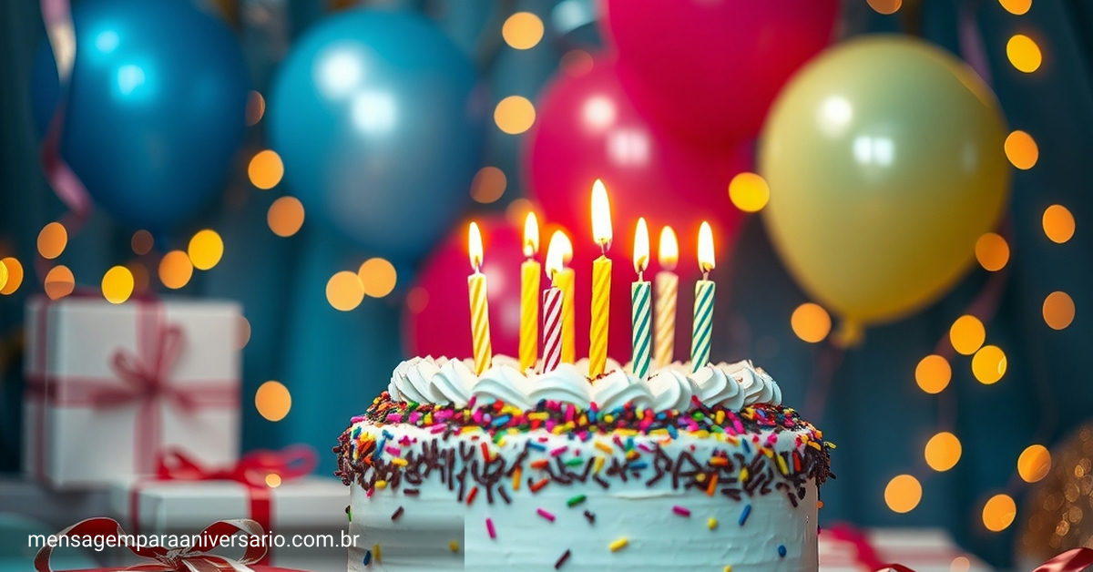 Cena festiva de aniversário com bolo decorado, balões coloridos, confete e luzes brilhantes.