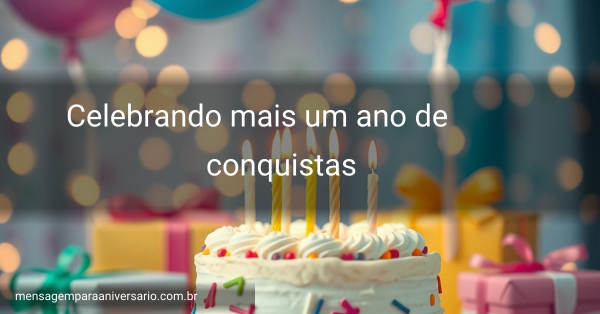 Cena festiva de aniversário com bolo, velas, balões, confete e presentes.