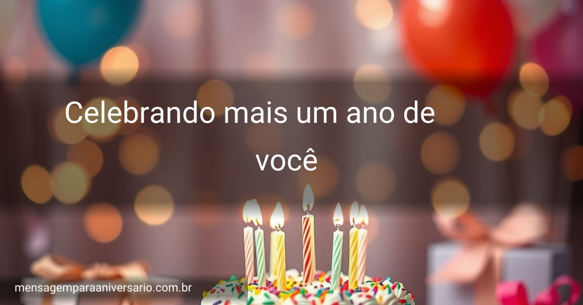 Cena festiva de aniversário com um bolo colorido, velas acesas, balões, confete e luzes desfocadas.
