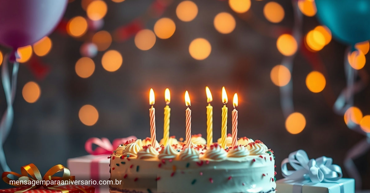 Uma bela cena festiva de aniversário com bolo, velas, balões coloridos, confete, presentes e luzes bokeh.