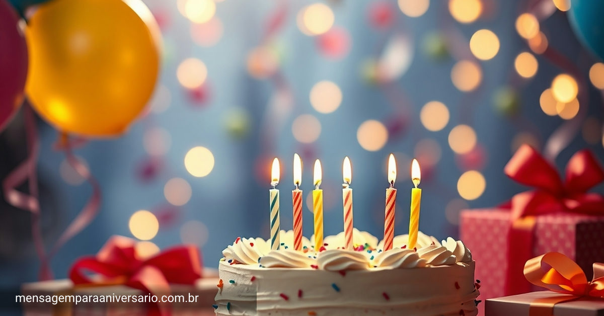 Uma mesa decorada com um bolo de aniversário, velas acesas, balões coloridos e confete espalhado.