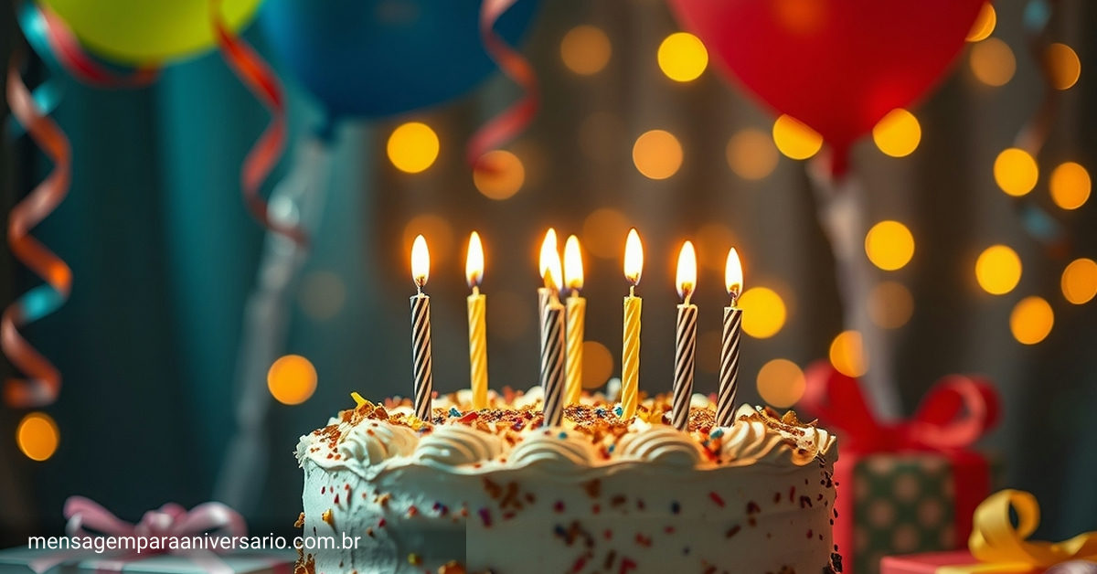 Uma cena festiva de aniversário com bolo, velas, balões coloridos e confete, criando um ambiente alegre.