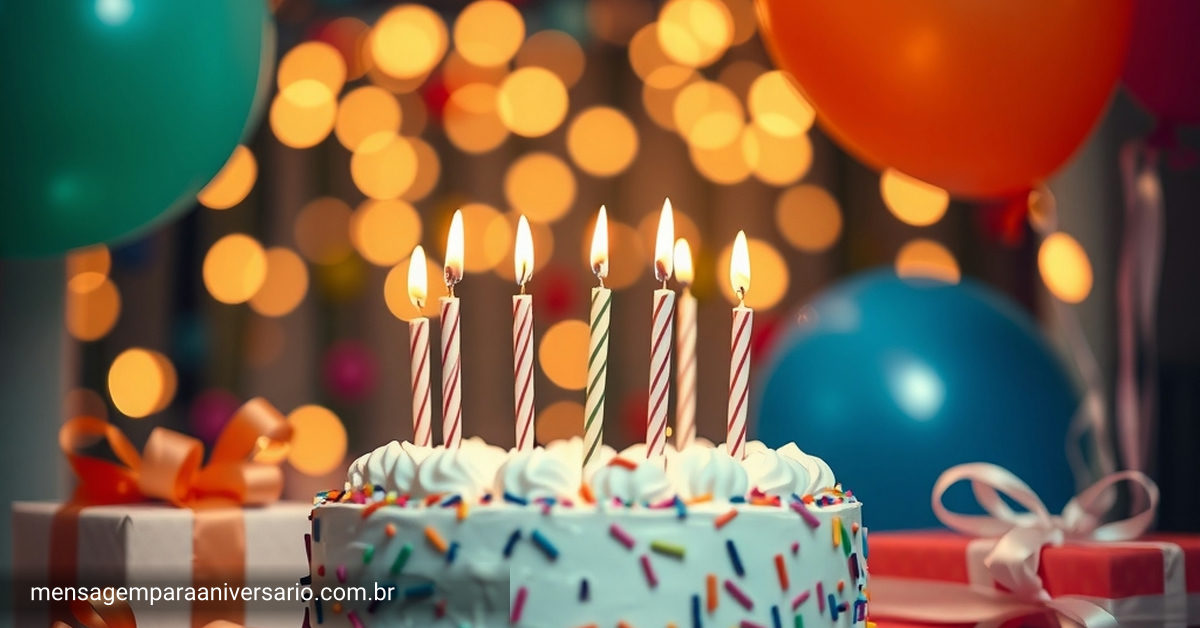 Cena festiva de aniversário com bolo, velas, balões, confete e presentes.