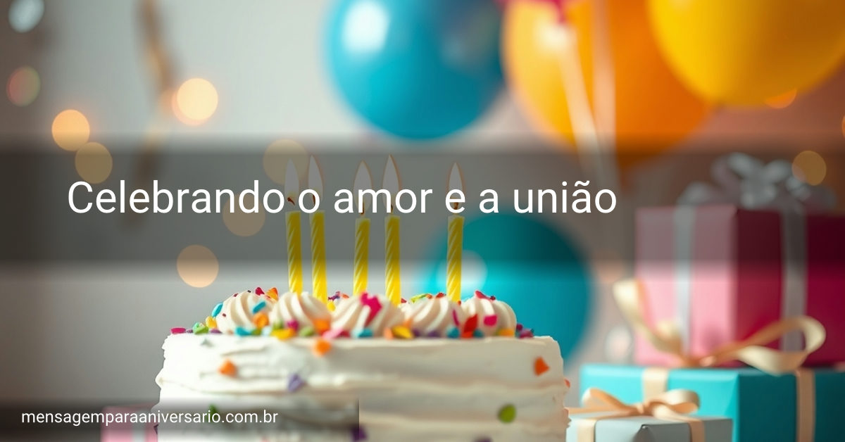 Cena festiva com um bolo decorado, balões coloridos e confete ao fundo, criando um clima de celebração.