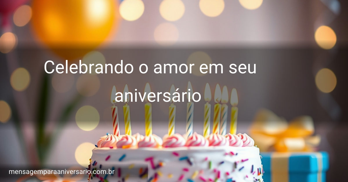 Cena festiva de aniversário com bolo, velas, balões e confete.