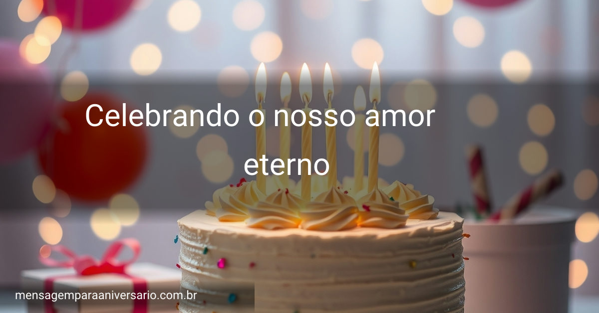 Uma cena festiva com um bolo de casamento, velas acesas, balões coloridos, confete espalhado e luzes bokeh ao fundo.