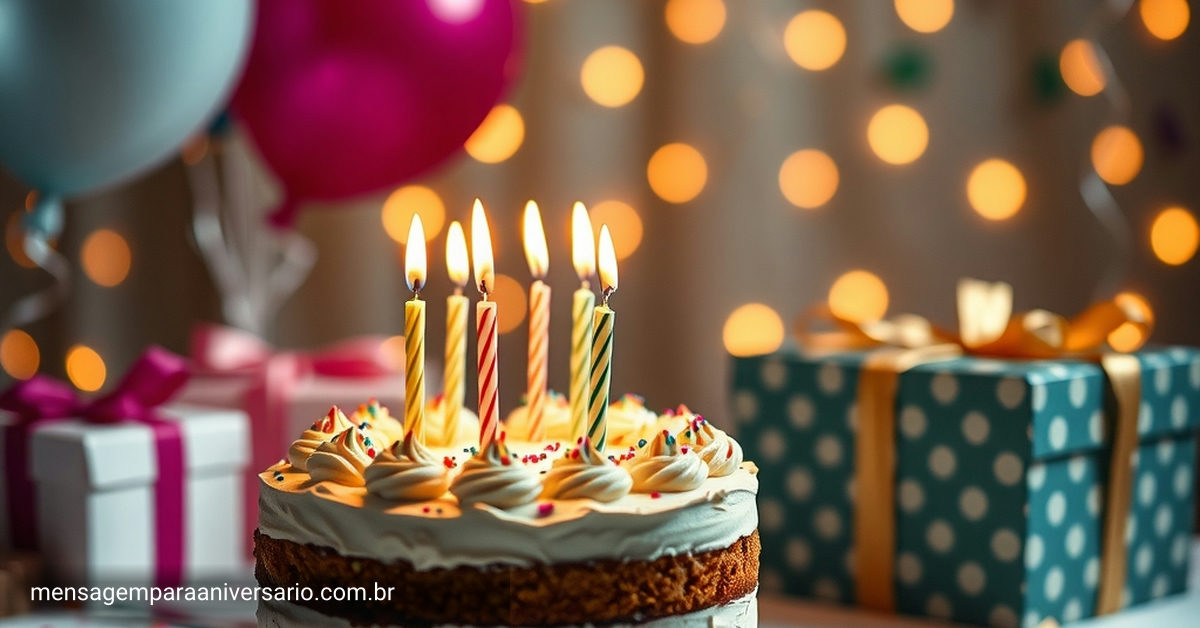 Cena festiva de aniversário com bolo, velas, balões, confete e presentes.