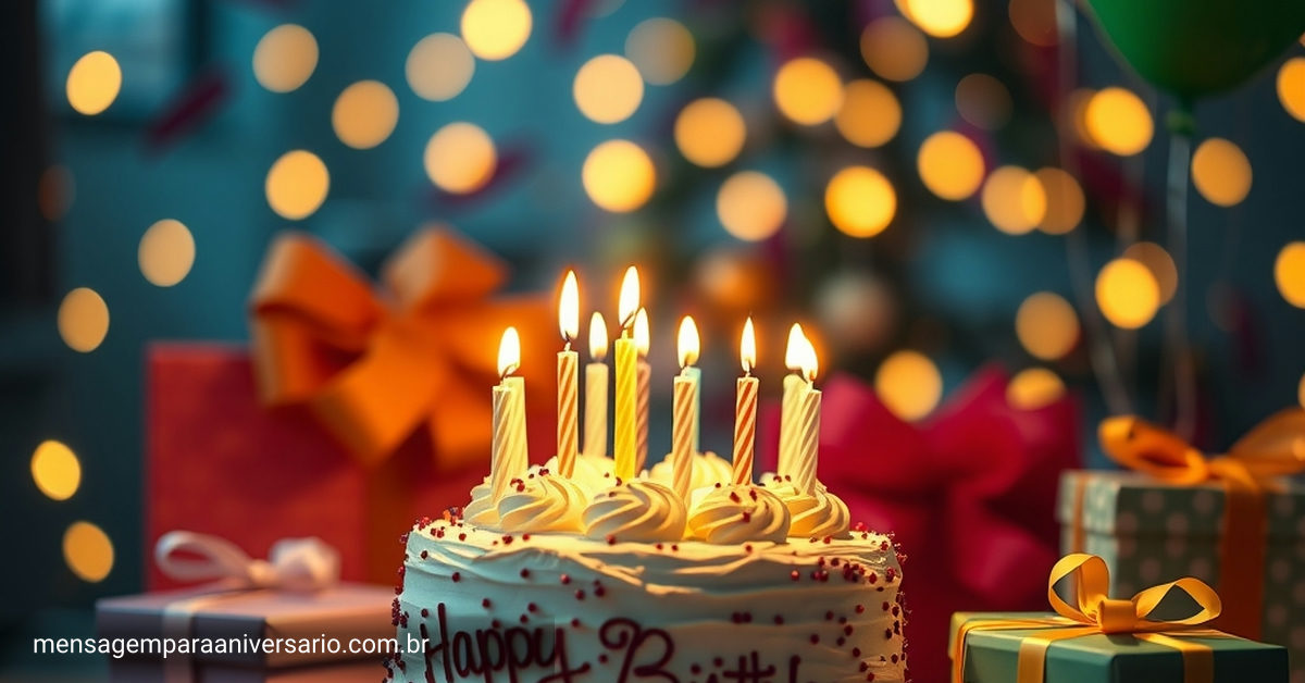 Cena festiva de aniversário com bolo, velas, balões, confete e presentes.
