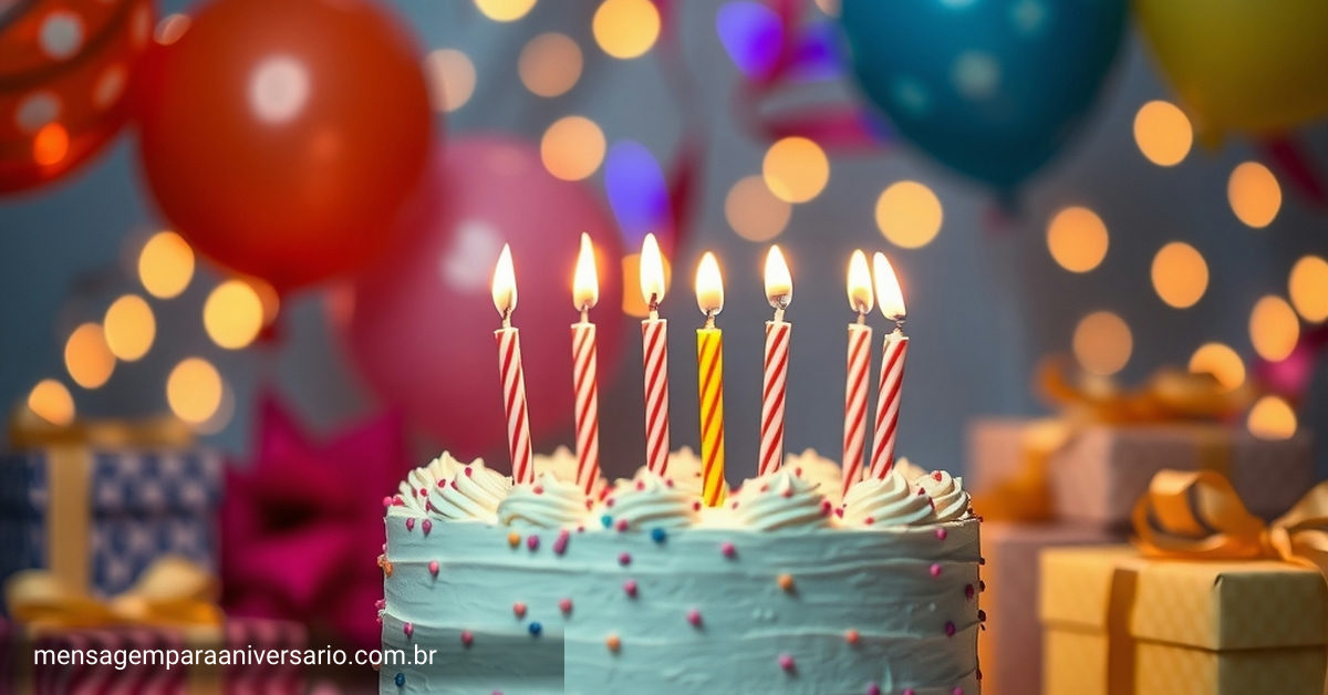 Uma mesa decorada com um bolo de aniversário, velas acesas, balões coloridos e presentes, criando um clima festivo.