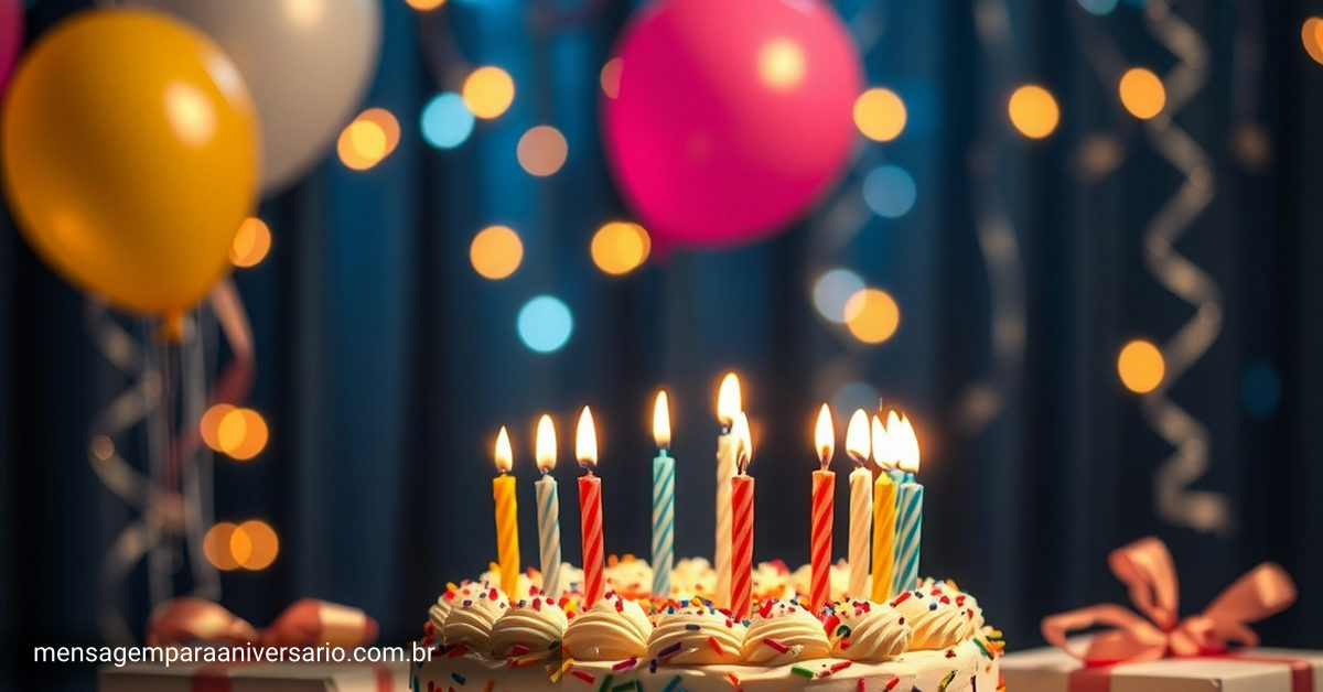Cena festiva de aniversário com bolo colorido, velas, balões, confete e luzes brilhantes.