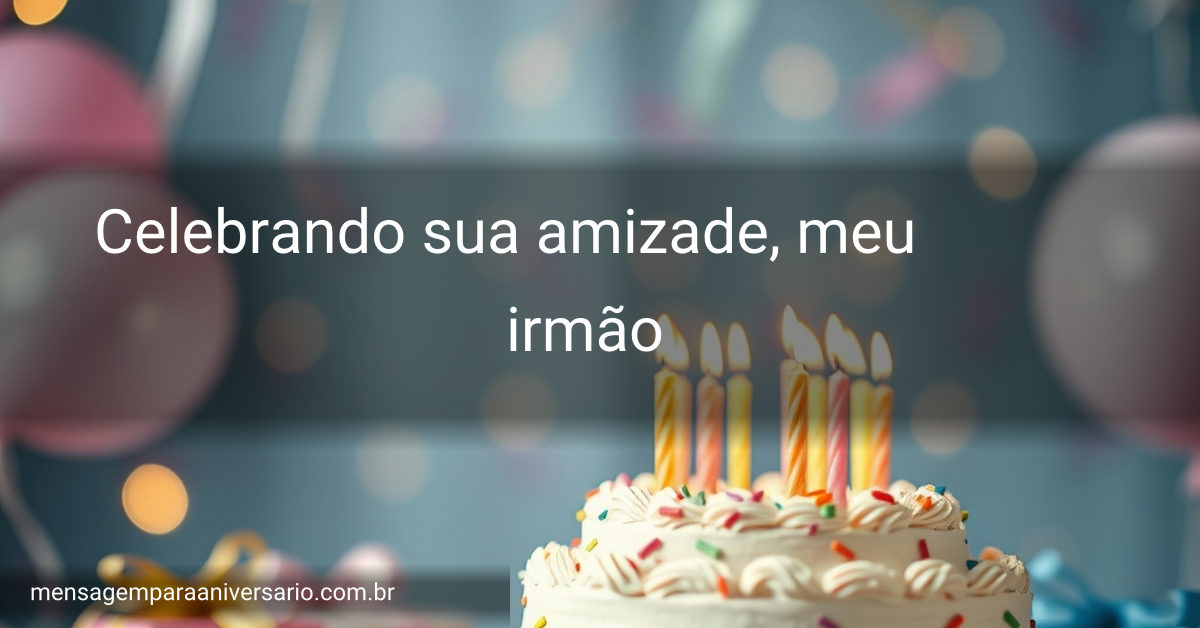 Cena festiva de aniversário com bolo, velas, balões coloridos, confete e presentes ao fundo.