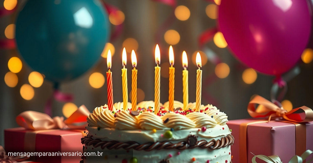Cena festiva de aniversário com bolo, velas, balões, confete e presentes.