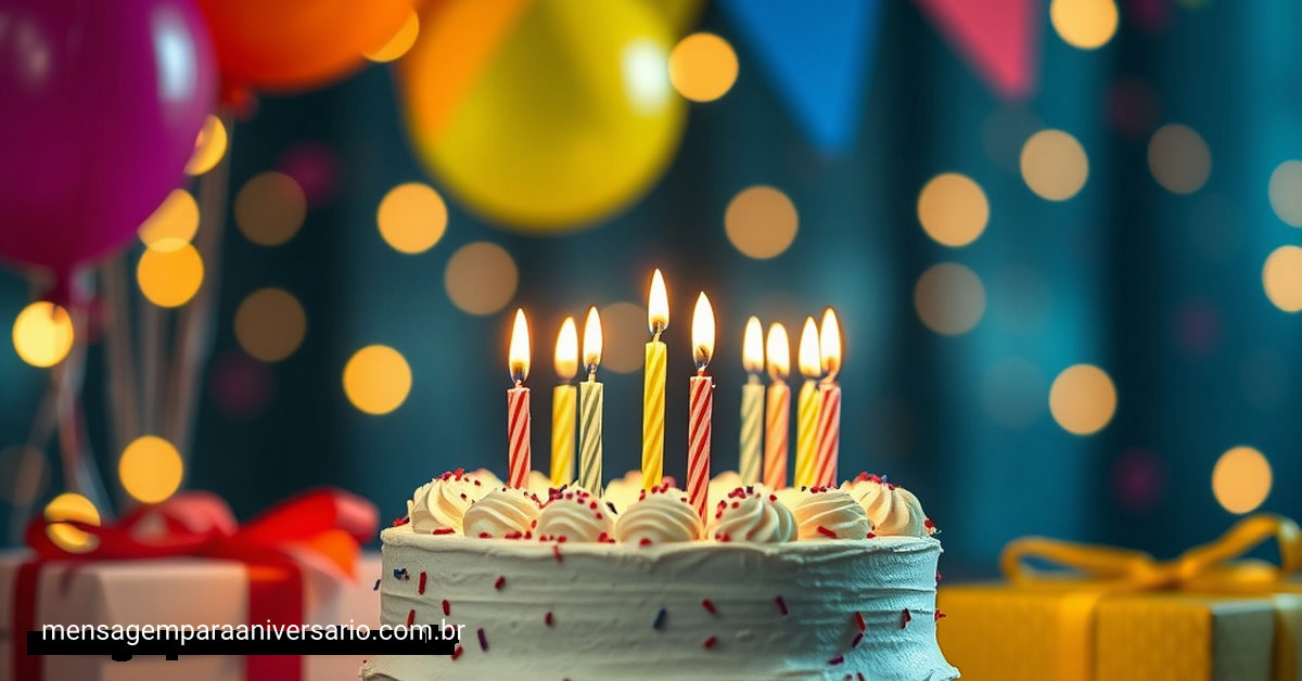 Uma encantadora cena de aniversário com um bolo, velas acesas, balões coloridos, confetes e presentes, iluminada de forma suave.